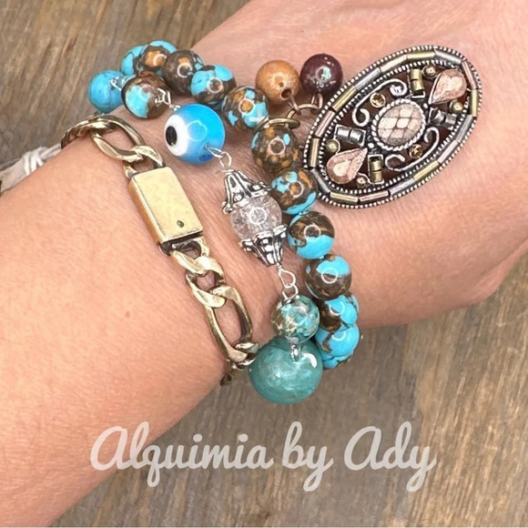 Turquoise silveycharms rosary link adjustable dainty bracelet maximalist - Picture 12 of 12